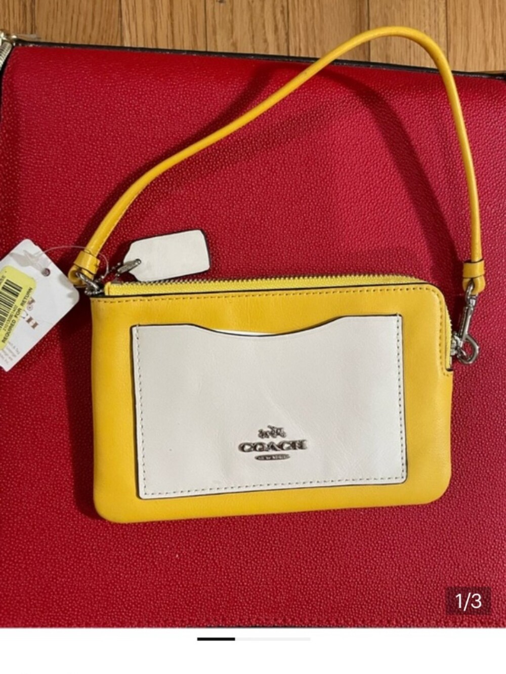 Coach Smooth Yellow Leather Wristlet with White Front Pocket NWT